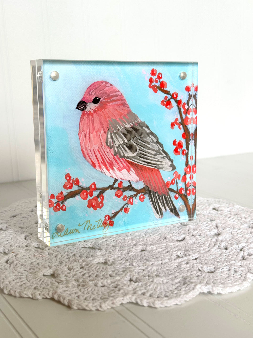 Acrylic Framed Mini Print - Pine Grosbeak